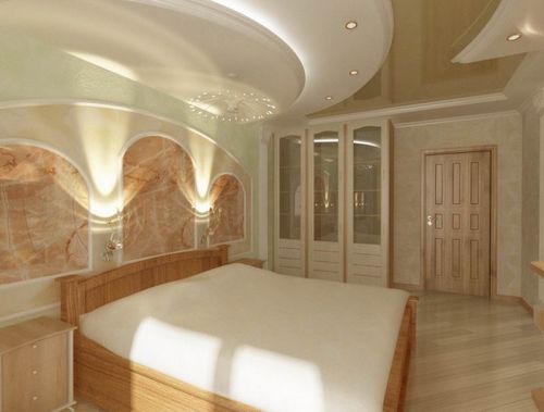 Дизайн потолков в спальне: красивые варианты оформления, фото