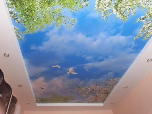 Потолок небо: седьмое с облаками, фото в небольшой комнате, сторона ванильная, галактика в виде космоса, обои