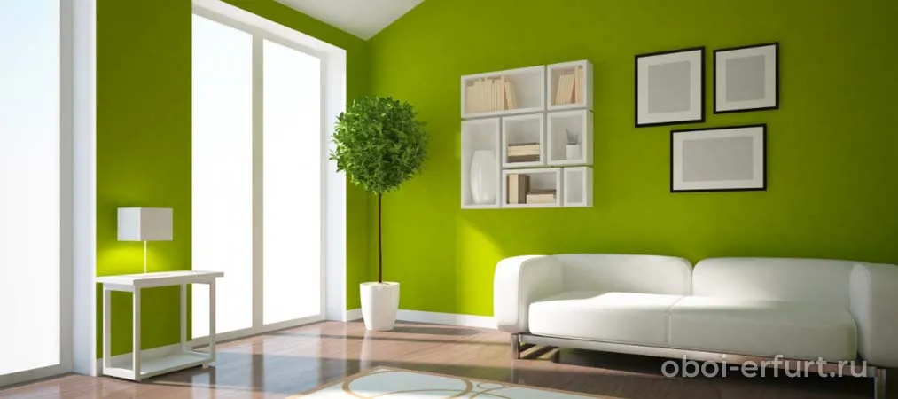Зелёные обои с мягкой мебелью