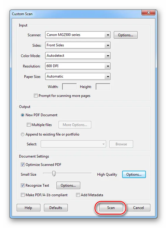 Настройки сканирования в Adobe Acrobat Pro
