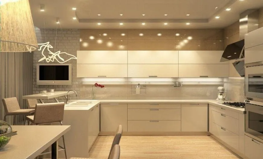 Кухня в стиле модерн в светлых тоннах.