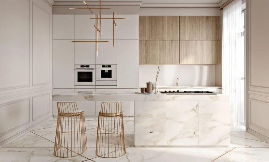 Кухня в стиле минимализм с элементами мрамора.